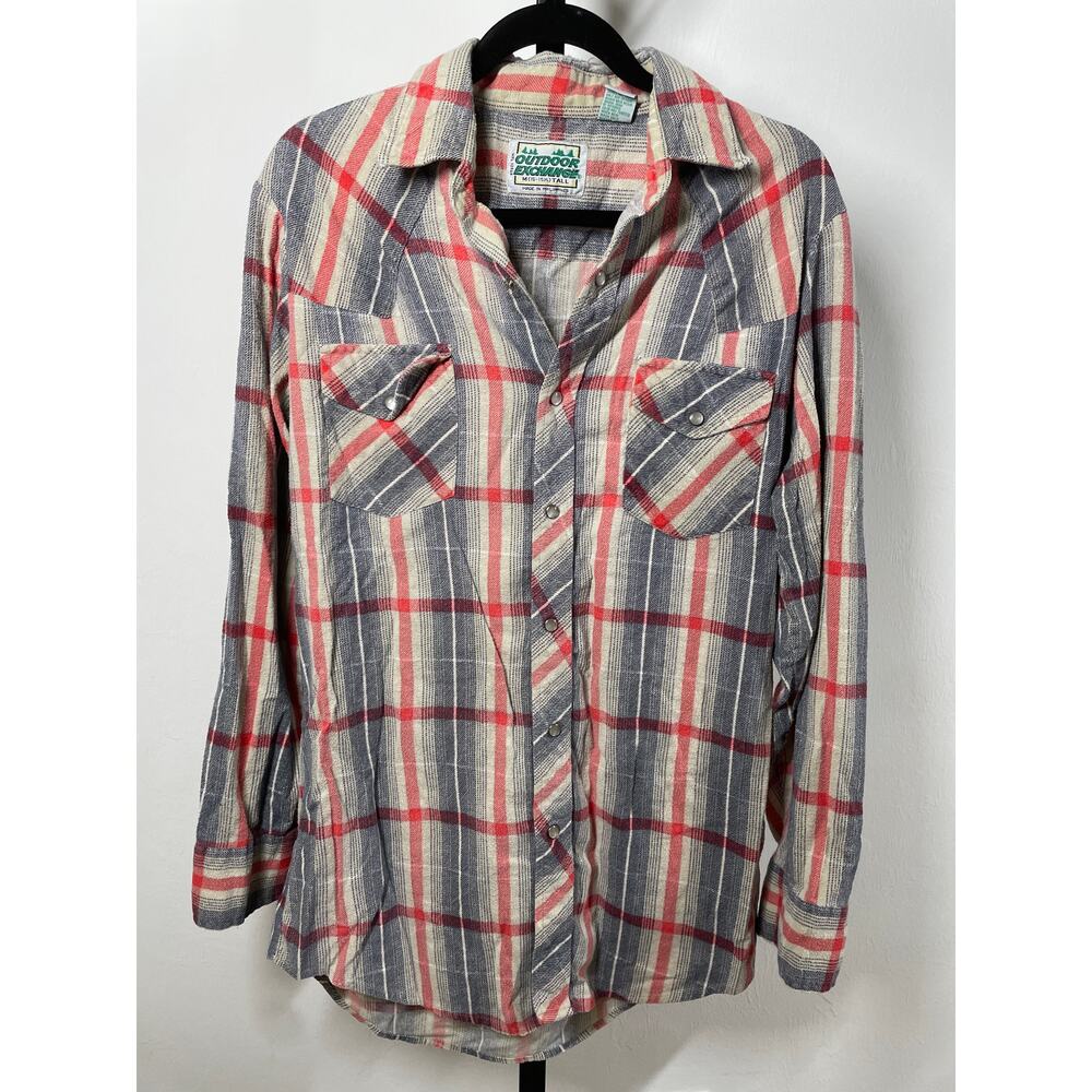 VTG OUTDOOR EXCHANGE 90s Flannel Snap Shirt Men's M Tall 15.5 Plaid Button Up